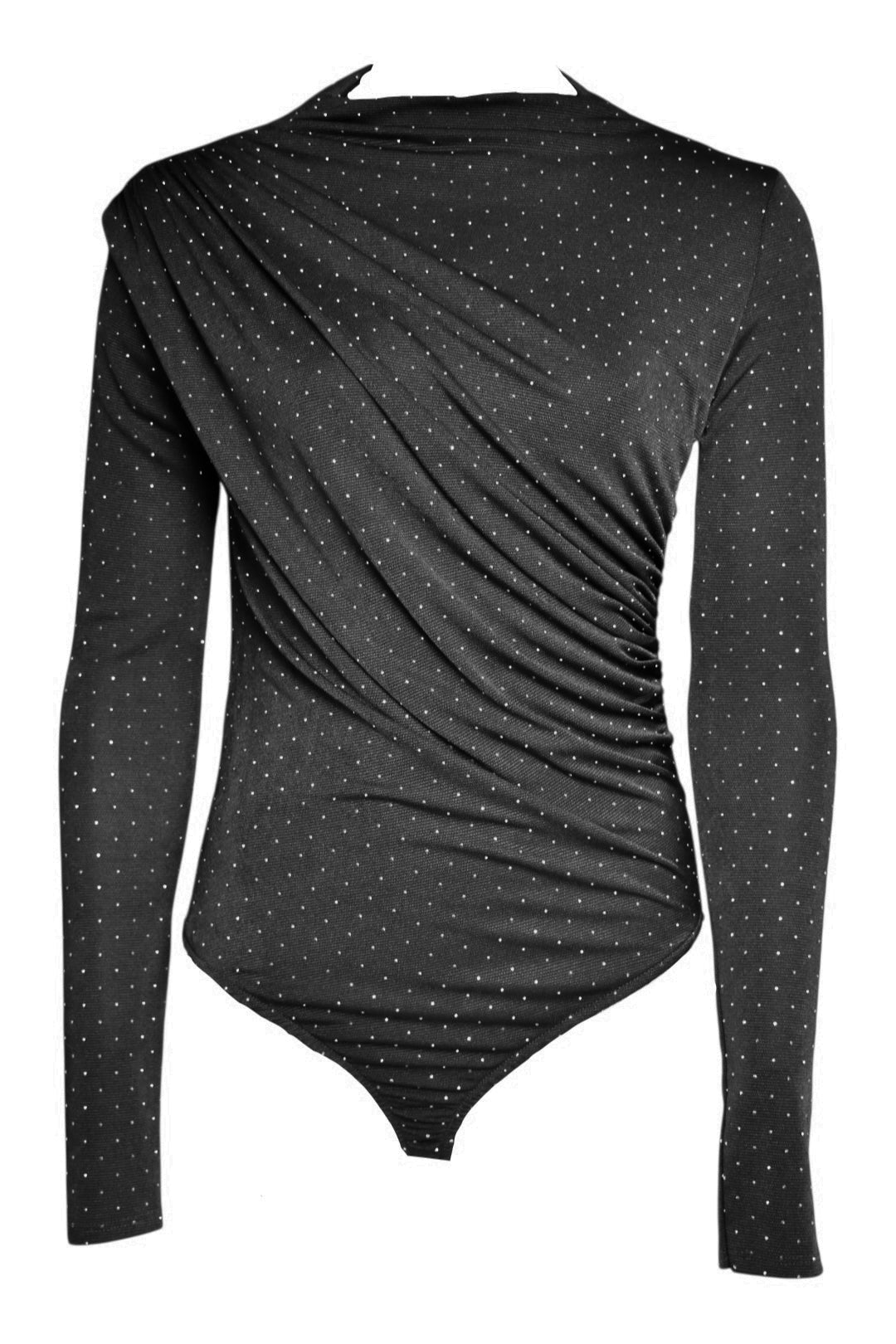 Black Diamante Ruched Long Sleeve Bodysuit