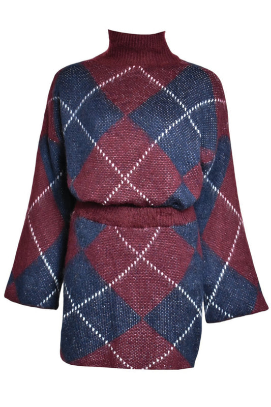 Burgundy Argyl Knitted Jumper & Skirt Co-ord