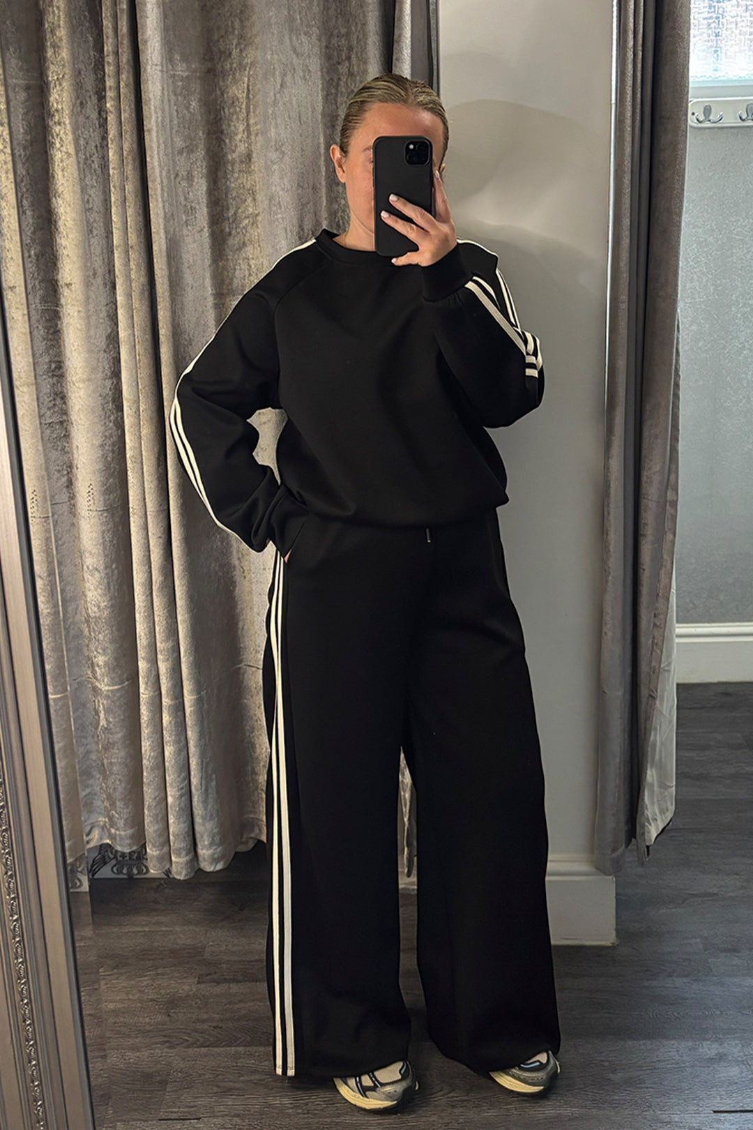 Black Striped Long Sleeve Sweatshirt & Wide Leg Joggers Loungesuit