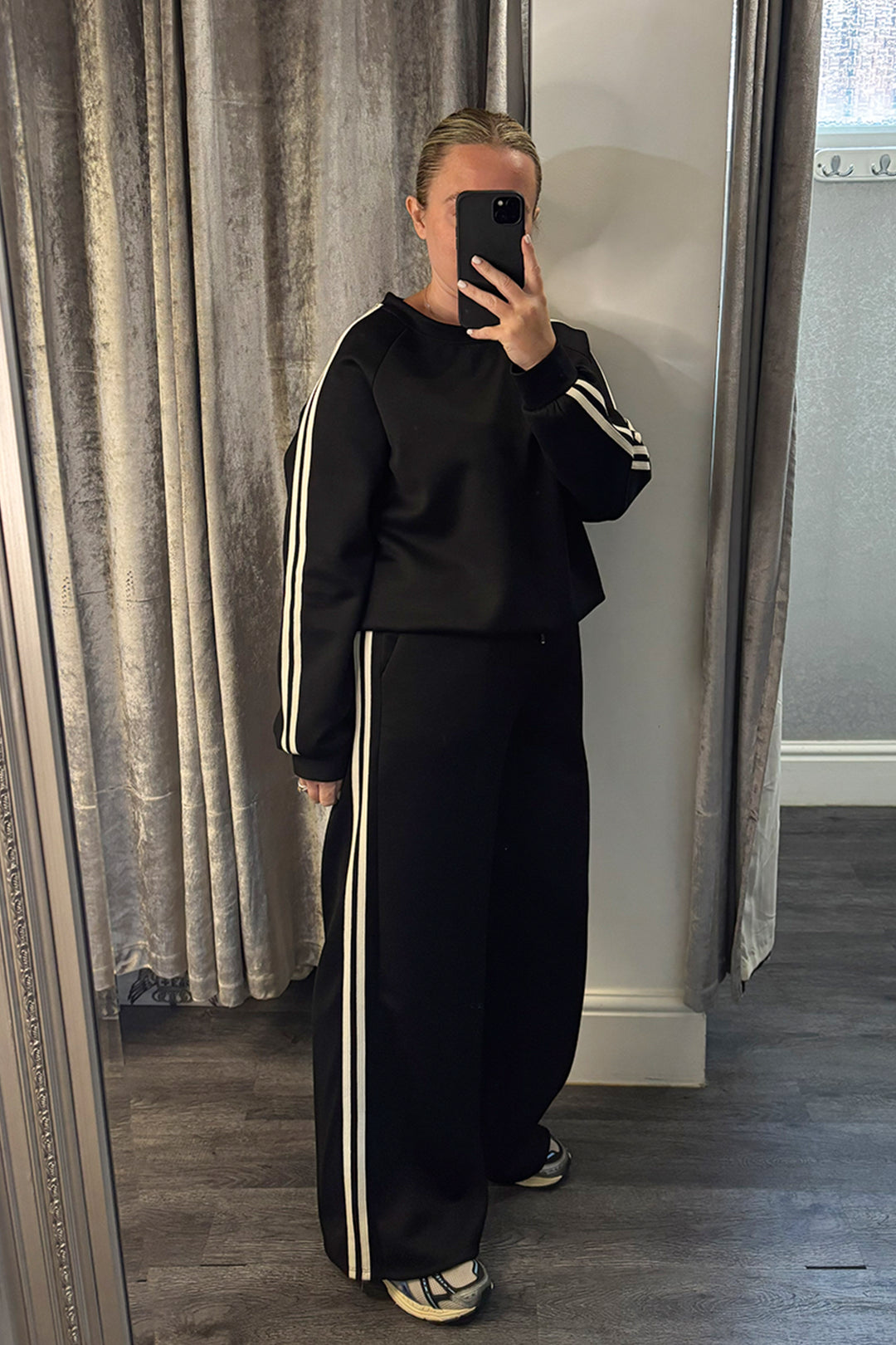 Black Striped Long Sleeve Sweatshirt & Wide Leg Joggers Loungesuit