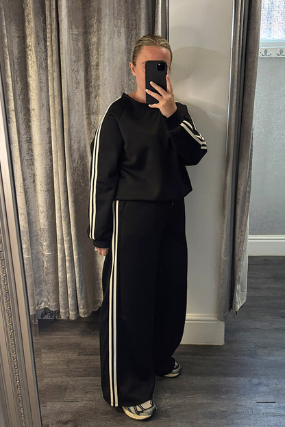 Black Striped Long Sleeve Sweatshirt & Wide Leg Joggers Loungesuit