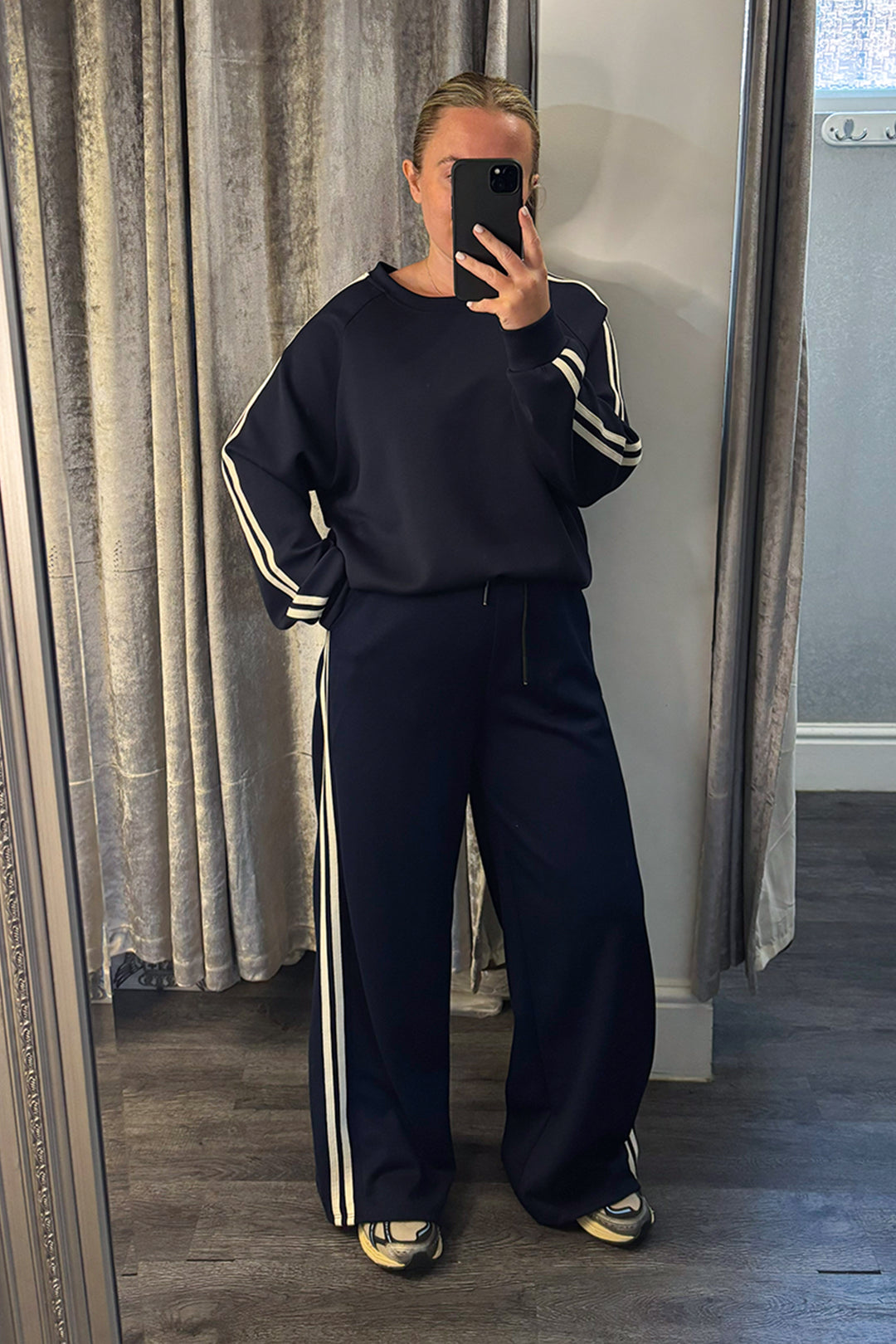 Navy Striped Long Sleeve Sweatshirt & Wide Leg Joggers Loungesuit