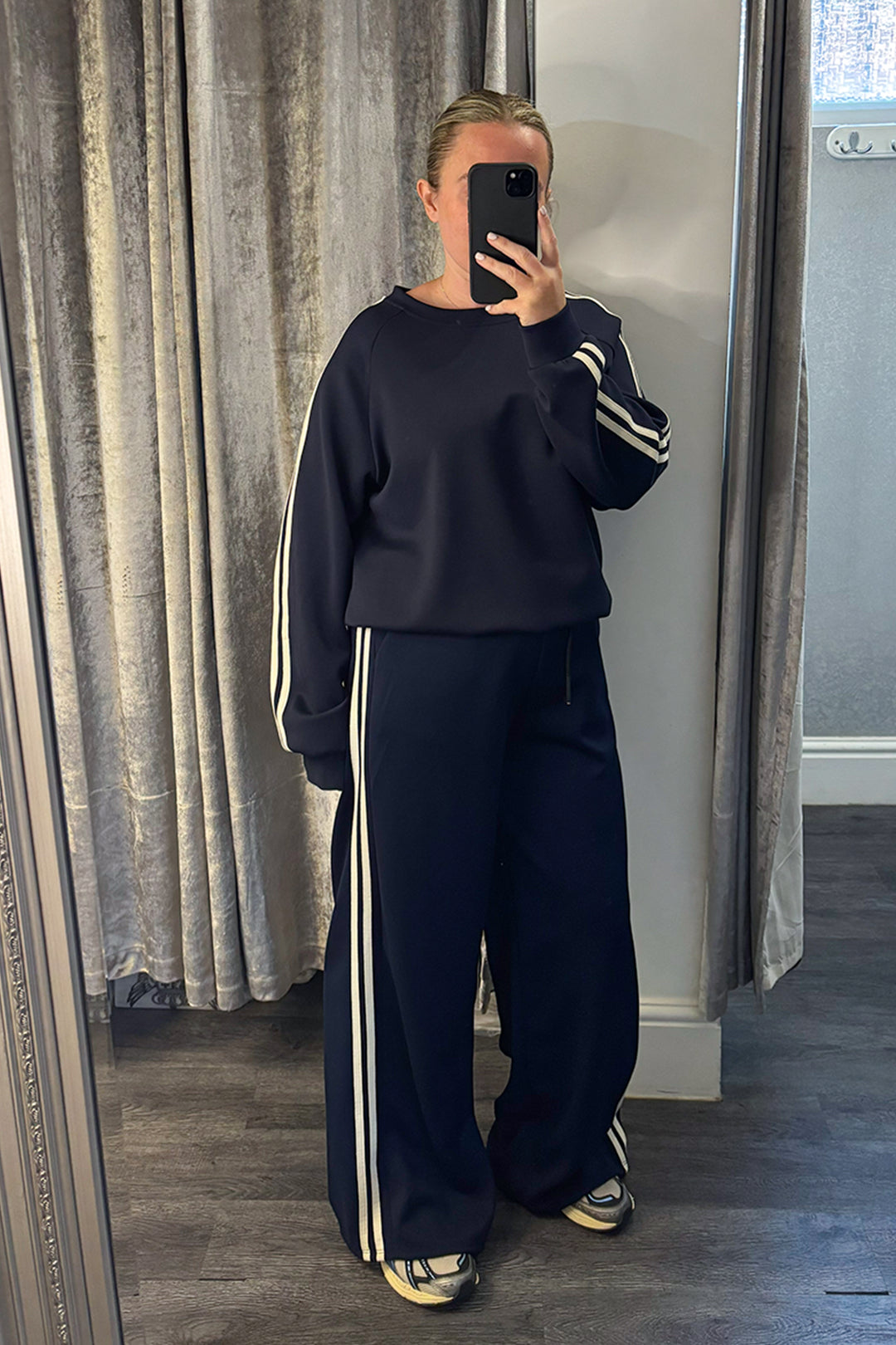 Navy Striped Long Sleeve Sweatshirt & Wide Leg Joggers Loungesuit