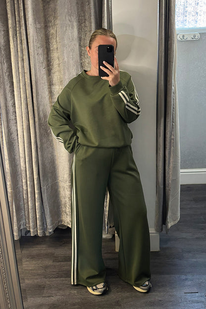 Khaki Striped Long Sleeve Sweatshirt & Wide Leg Joggers Loungesuit
