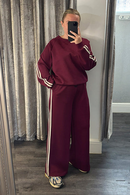 Wine Striped Long Sleeve Sweatshirt & Wide Leg Joggers Loungesuit