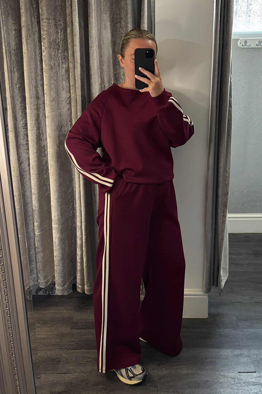Wine Striped Long Sleeve Sweatshirt & Wide Leg Joggers Loungesuit