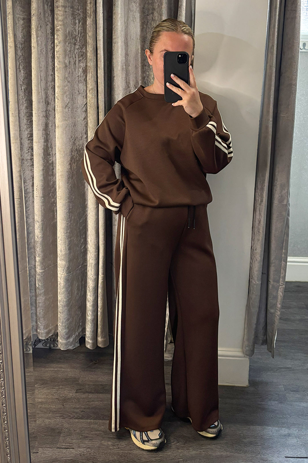 Brown Striped Long Sleeve Sweatshirt & Wide Leg Joggers Loungesuit