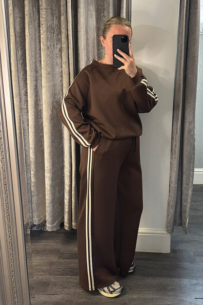 Brown Striped Long Sleeve Sweatshirt & Wide Leg Joggers Loungesuit