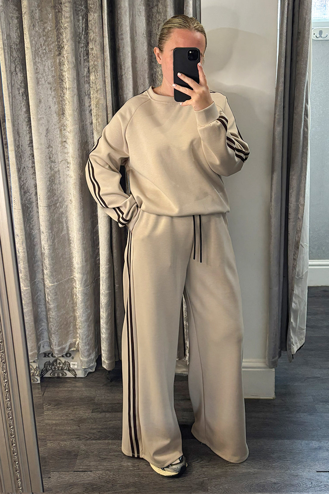 Taupe Striped Long Sleeve Sweatshirt & Wide Leg Joggers Loungesuit