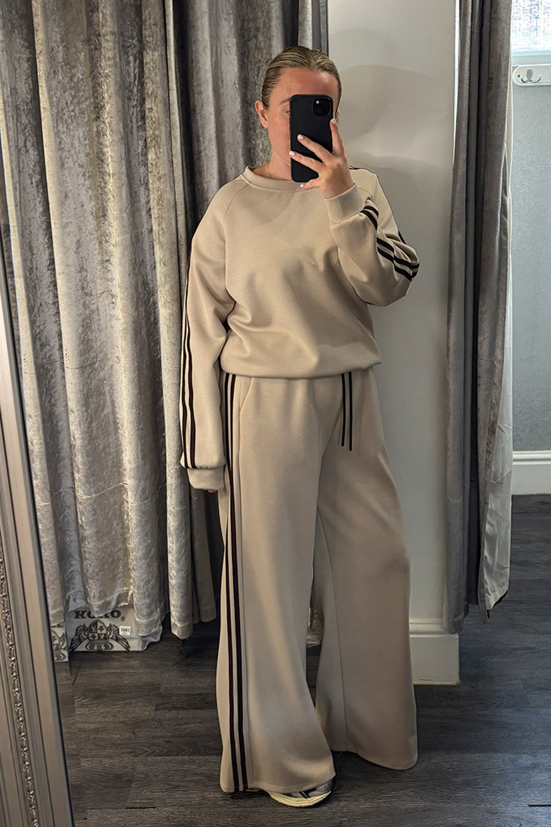 Taupe Striped Long Sleeve Sweatshirt & Wide Leg Joggers Loungesuit