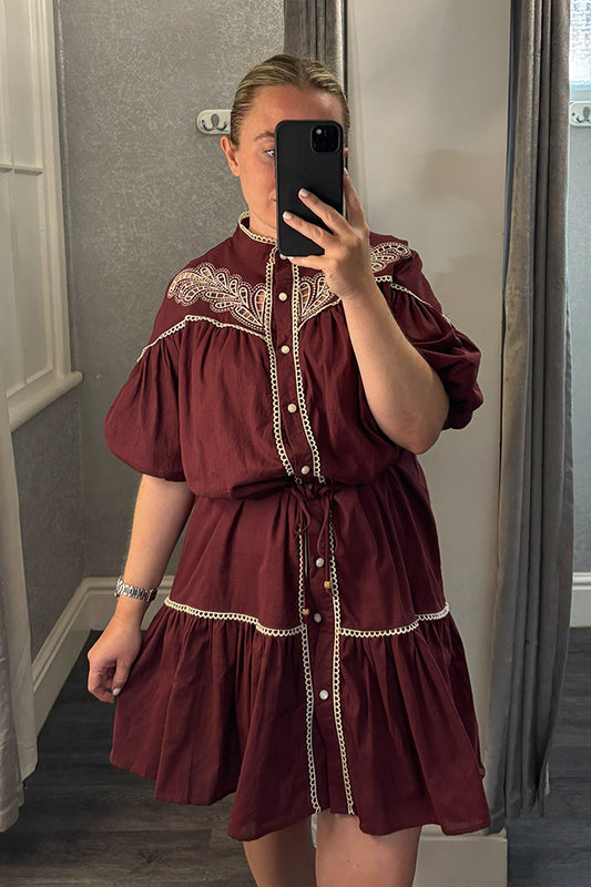 Wine Embroidered Bubble Sleeve Belted Dress