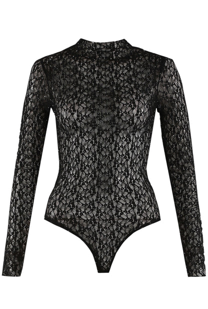 Black Diamante Lace Sheer Bodysuit