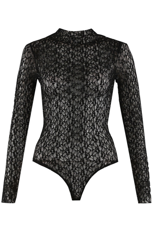 Black Diamante Lace Sheer Bodysuit