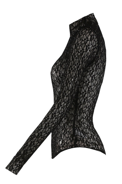 Black Diamante Lace Sheer Bodysuit