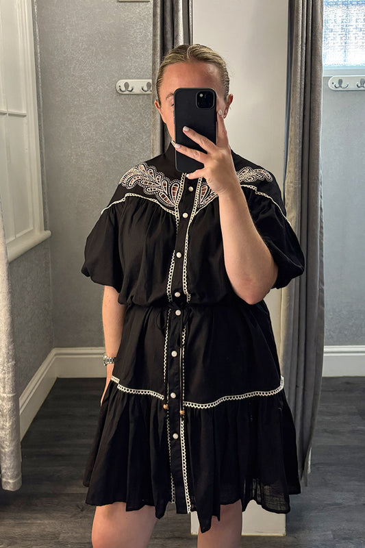 Black Embroidered Bubble Sleeve Belted Dress