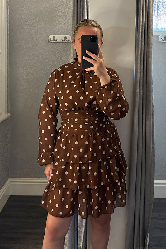 Brown Polka Dot Pleated Waist Tiered Hem Dress