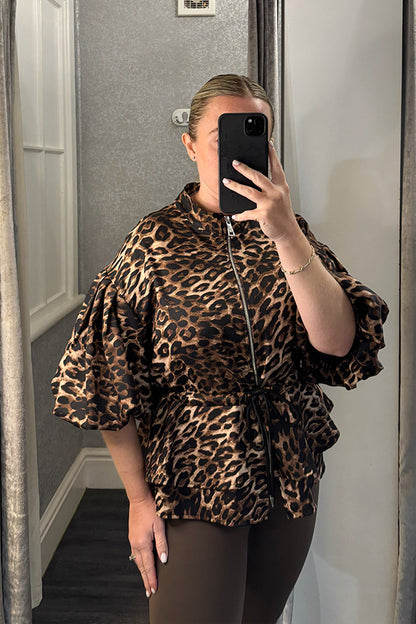 Leopard Print Dipped Hem Tie Waist Zip Up Top