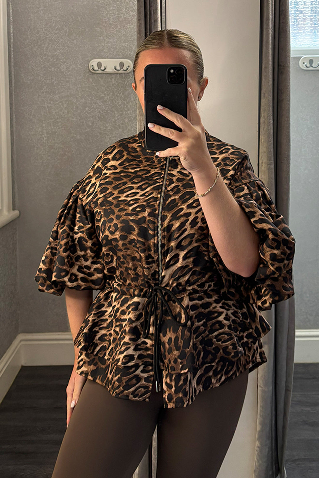 Leopard Print Dipped Hem Tie Waist Zip Up Top