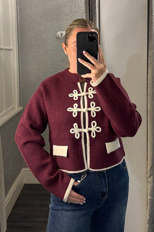 Wine & Cream Knitted Military Style Fastening Cardigan