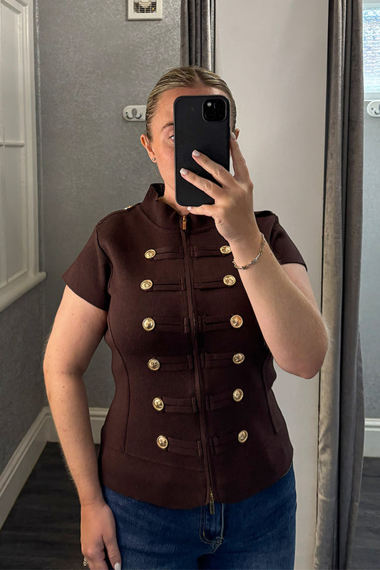 Brown Knitted Military Zipped Top