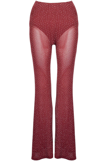 Burgundy Diamante Sheer Flared Trousers
