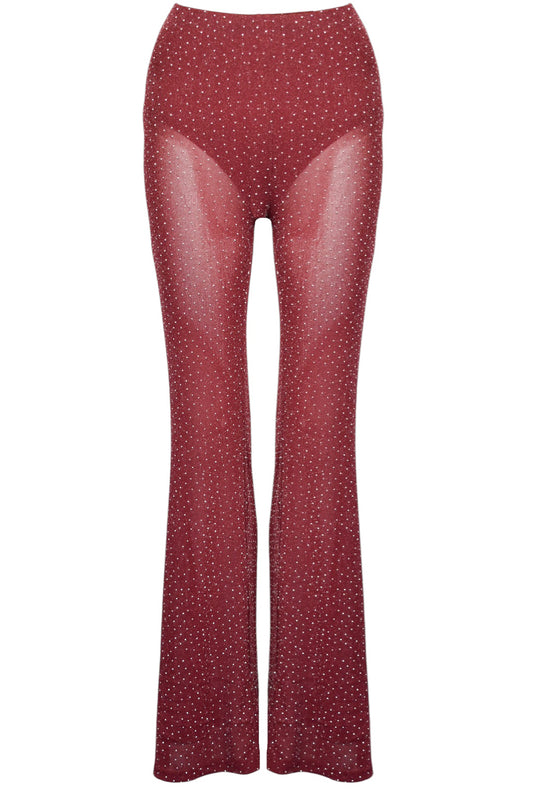 Burgundy Diamante Sheer Flared Trousers