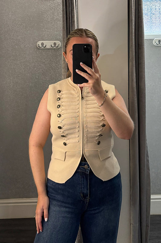 Beige Military Style Knitted Waistcoat