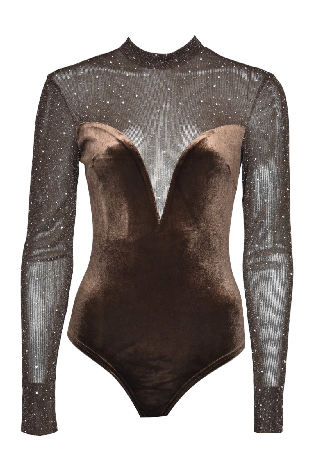 Brown Velvet & Diamante Long Sleeve Bodysuit