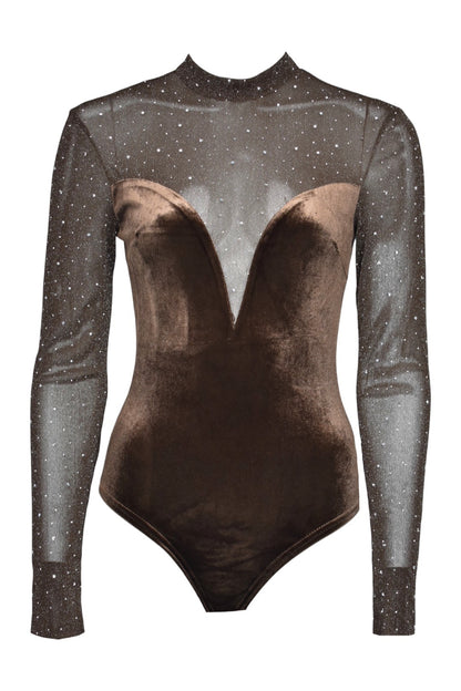 Brown Velvet & Diamante Long Sleeve Bodysuit