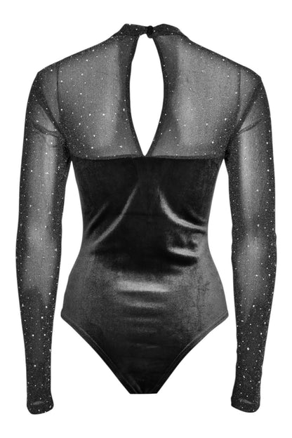 Black Velvet & Diamante Long Sleeve Bodysuit