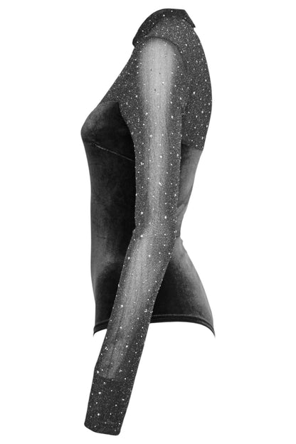 Black Velvet & Diamante Long Sleeve Bodysuit