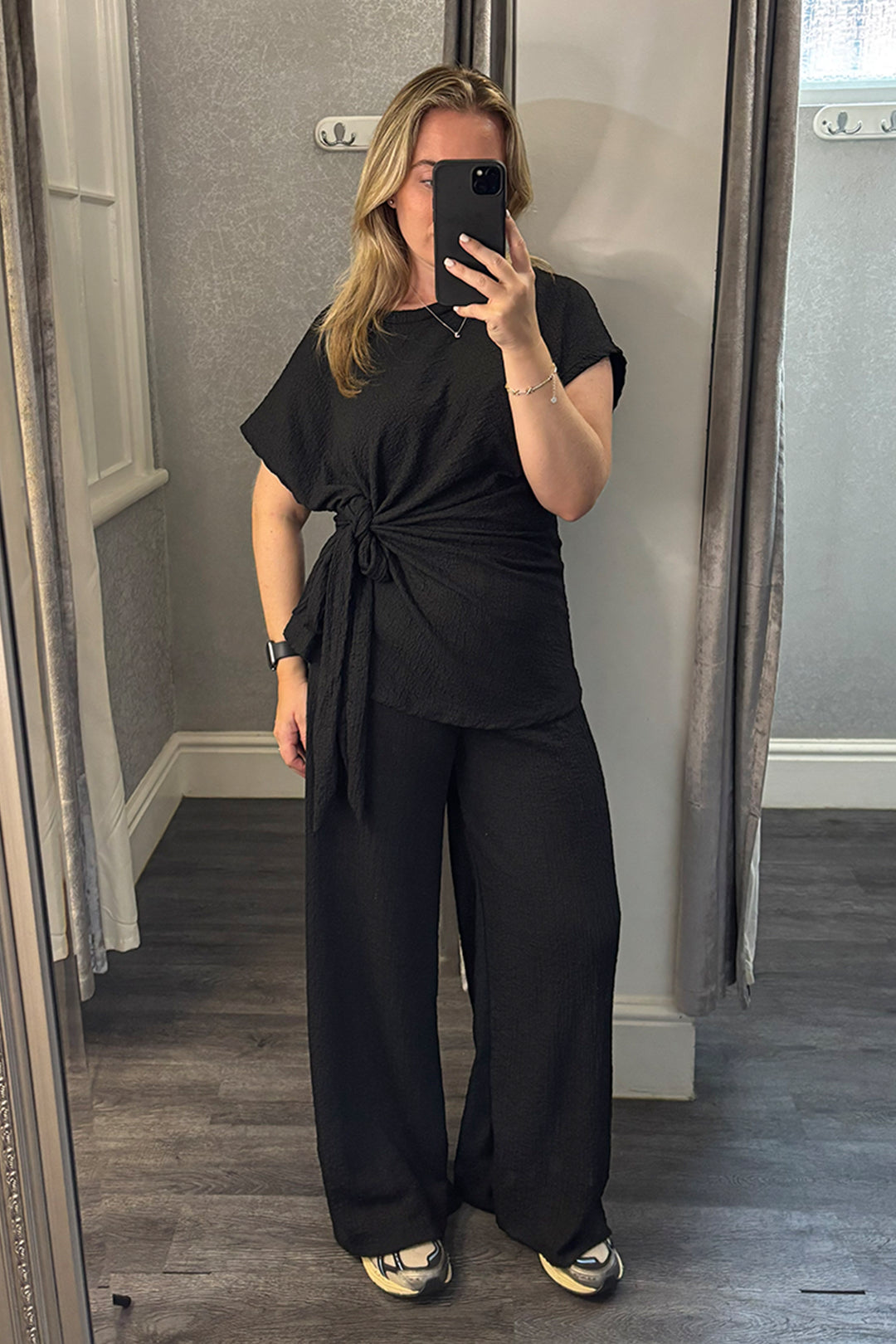Black Crinkle Side Tie Top & Wide Leg Trousers Set
