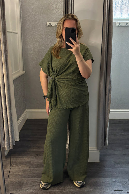 Khaki Crinkle Side Tie Top & Wide Leg Trousers