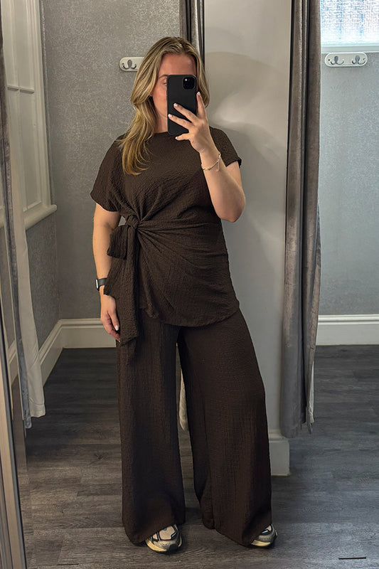 Brown Crinkle Side Tie Top & Wide Leg Trousers Co-ord