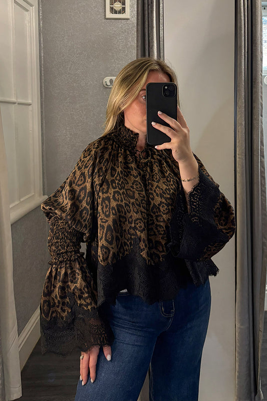 Leopard Print Lace Hem Flared Sleeve Top