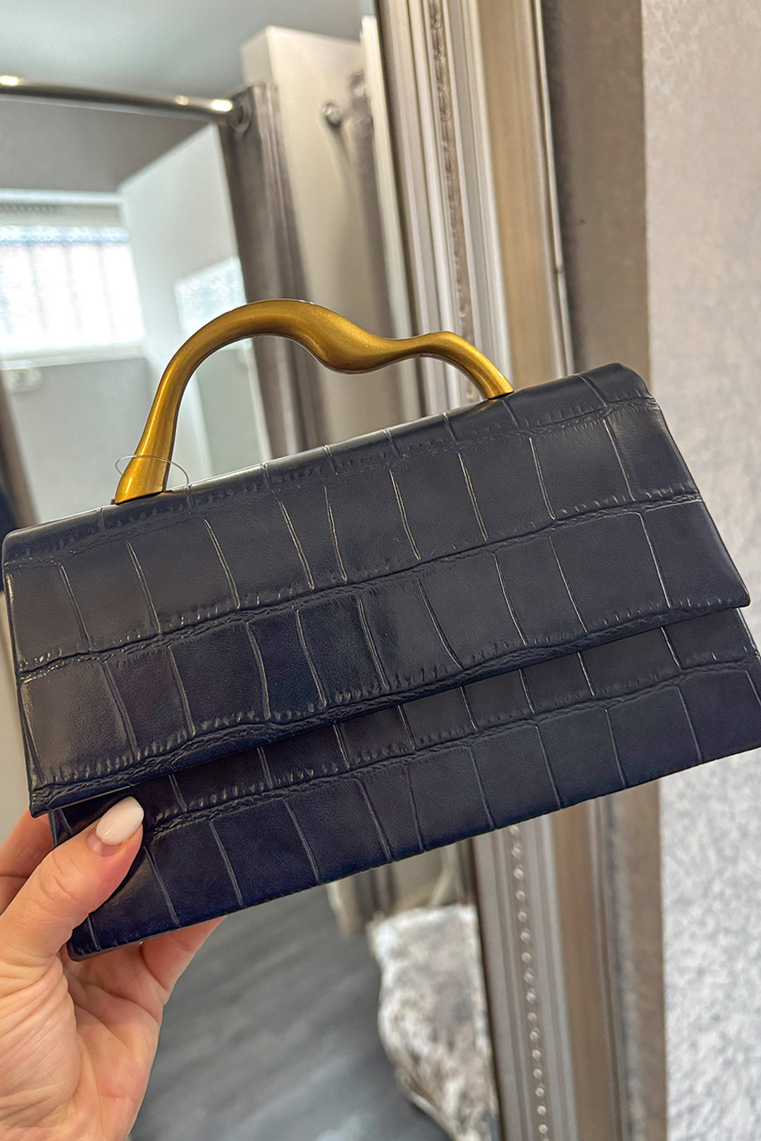 Navy Faux Croc Gold Handle Grab Bag