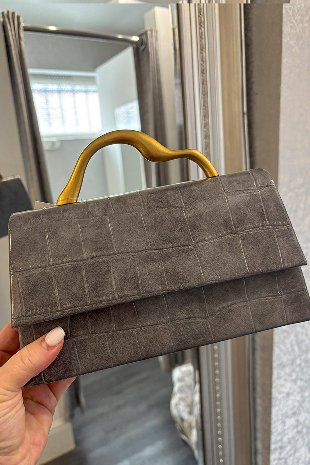 Grey Faux Croc Gold Handle Grab Bag
