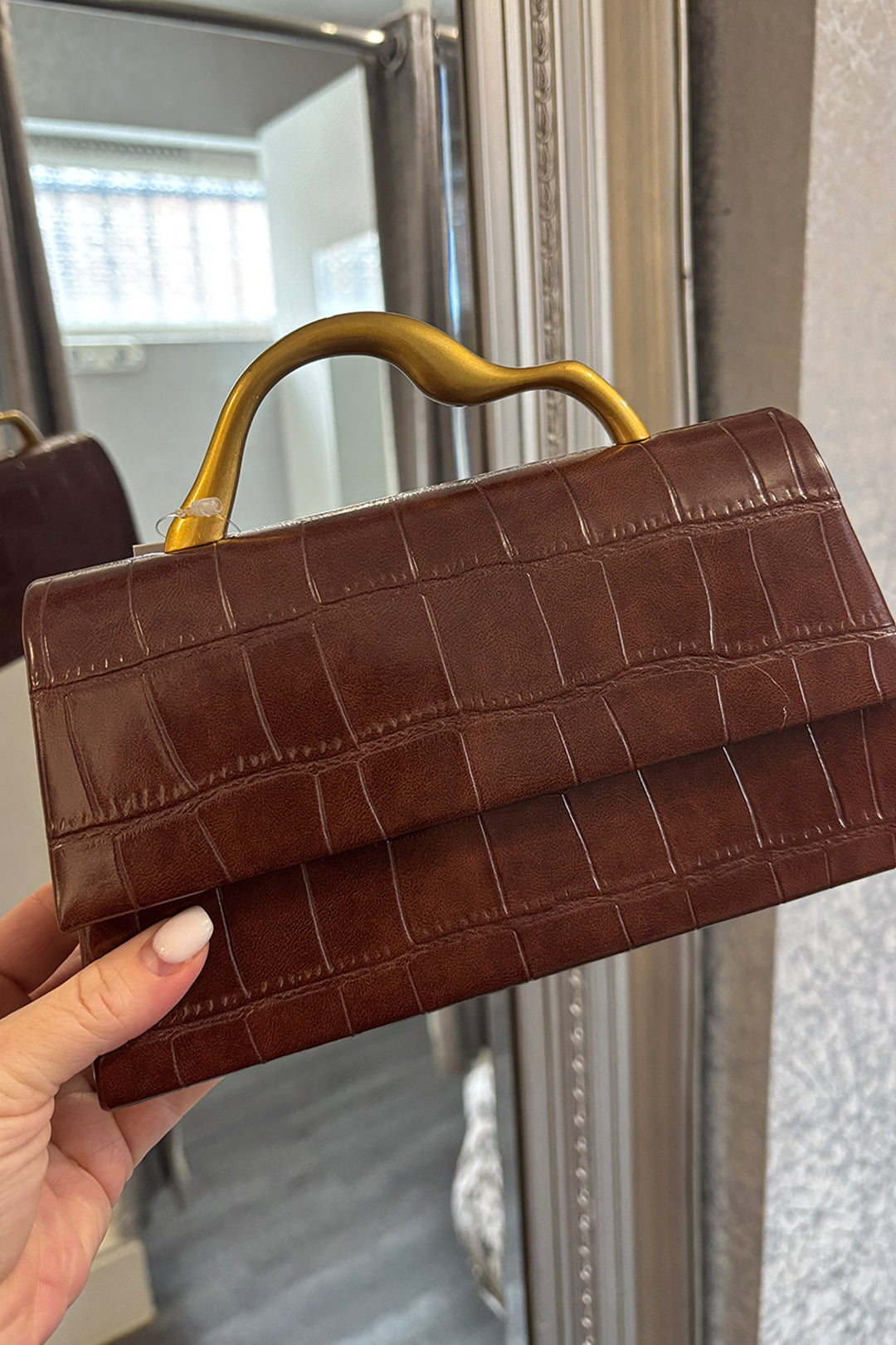 Brown Faux Croc Gold Handle Grab Bag