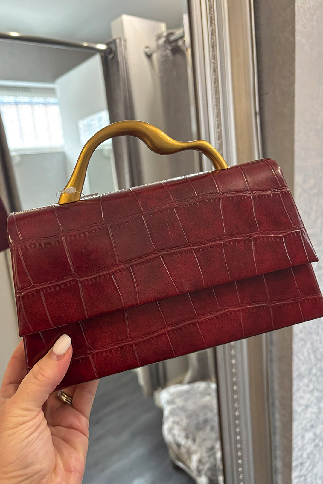 Wine Faux Croc Gold Handle Grab Bag