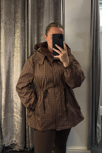 Brown Check Drawstring Waist Hooded Jacket