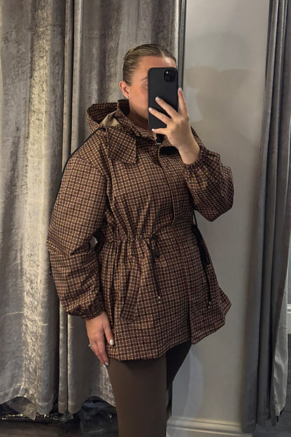 Brown Check Drawstring Waist Hooded Jacket