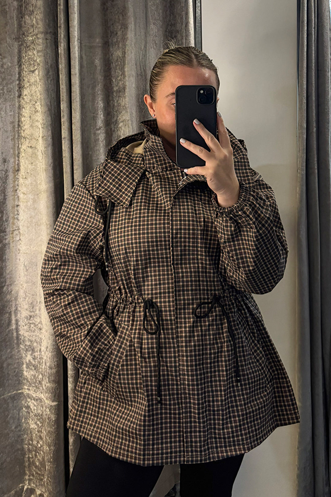 Black Checked Drawstring Waist Hooded Jacket