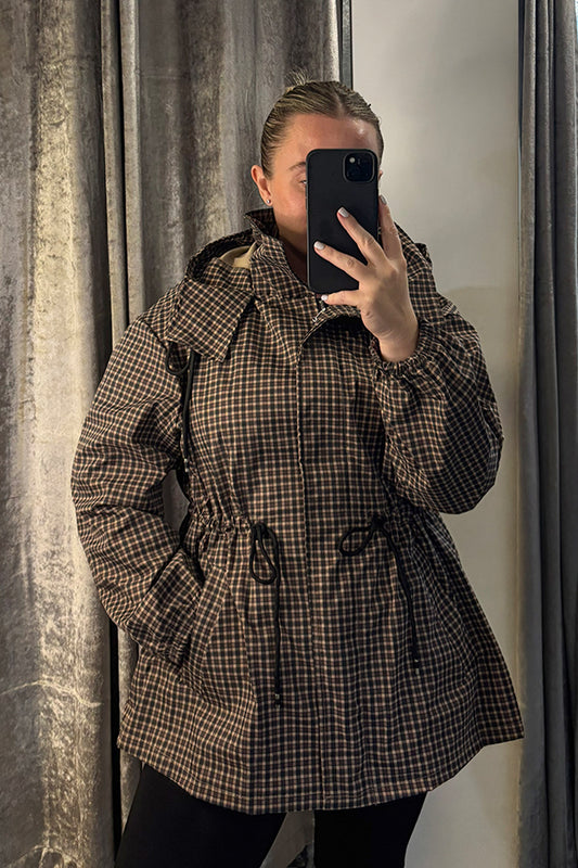 Black Checked Drawstring Waist Hooded Jacket