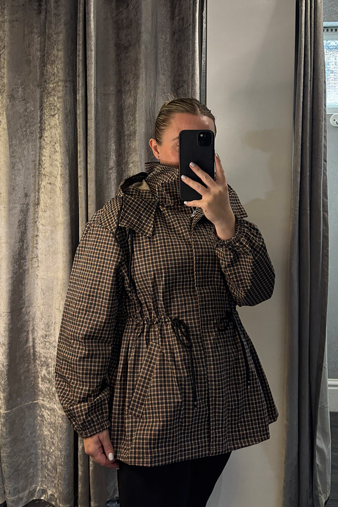Black Checked Drawstring Waist Hooded Jacket