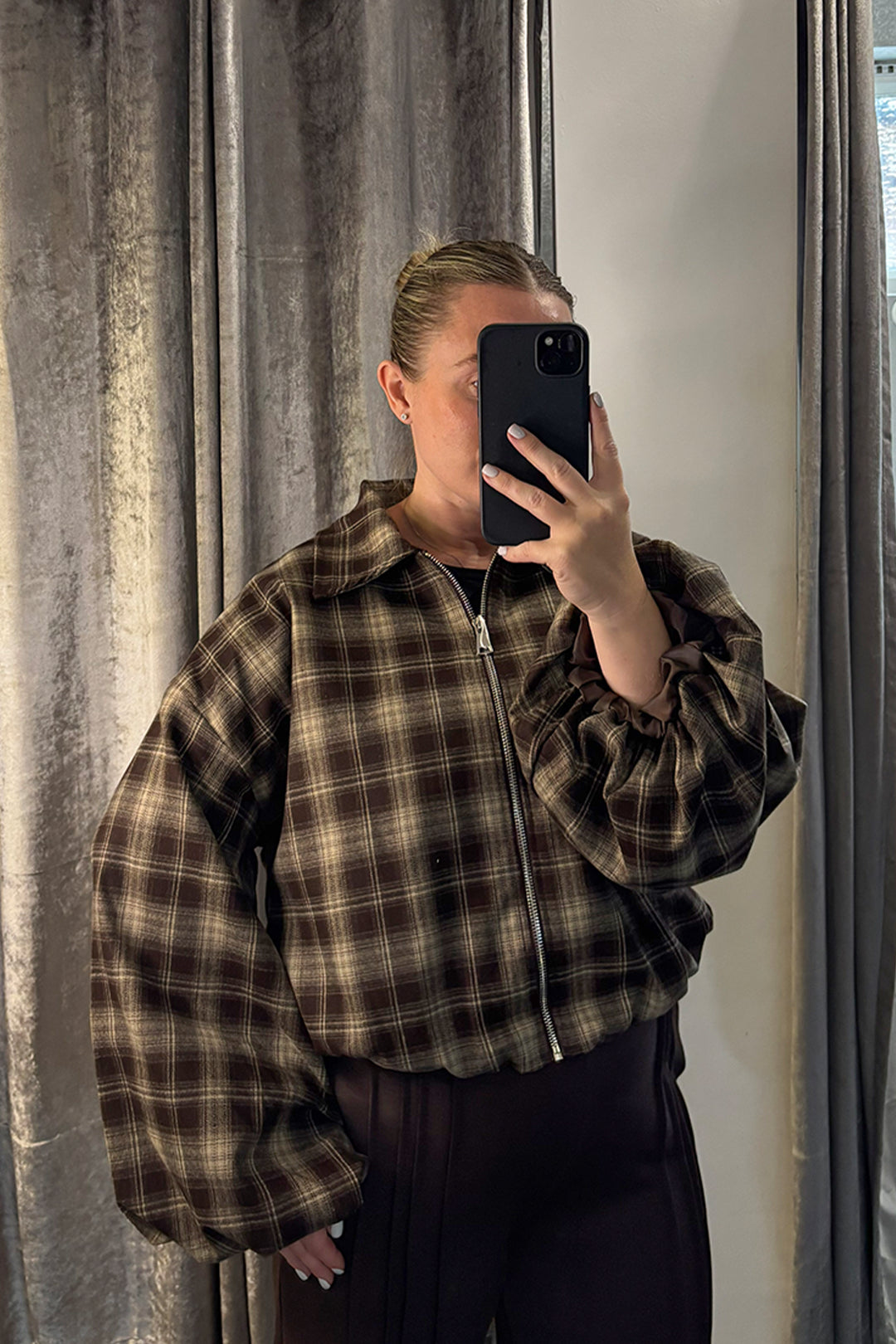 Brown Checked Bubble Sleeve Bomber Jacket