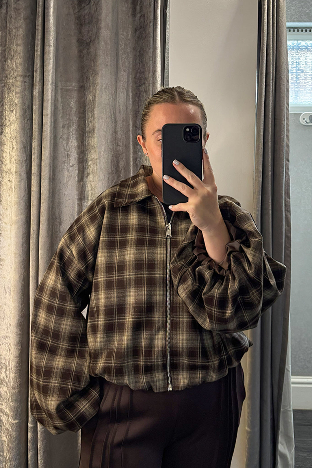 Brown Checked Bubble Sleeve Bomber Jacket