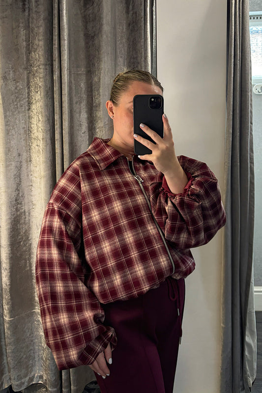 Burgundy Checked Bubble Sleeve Bomber Jacket