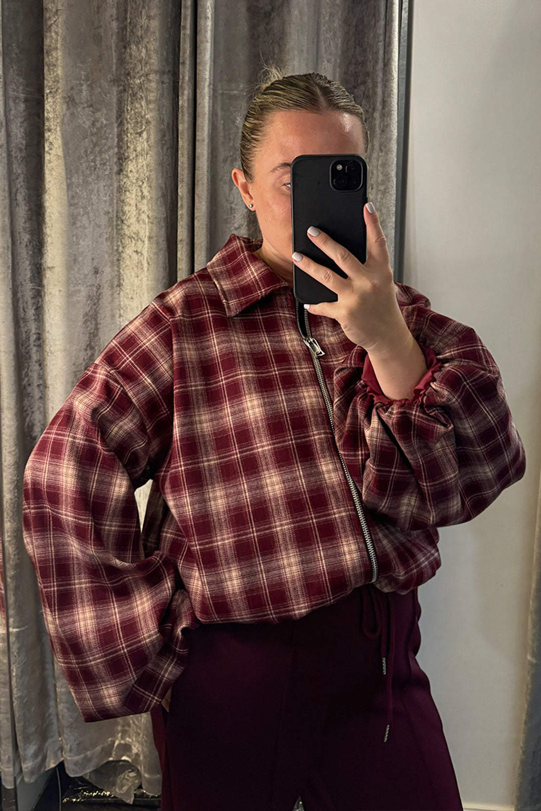 Burgundy Checked Bubble Sleeve Bomber Jacket