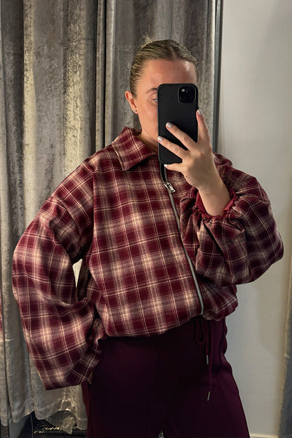 Burgundy Checked Bubble Sleeve Bomber Jacket