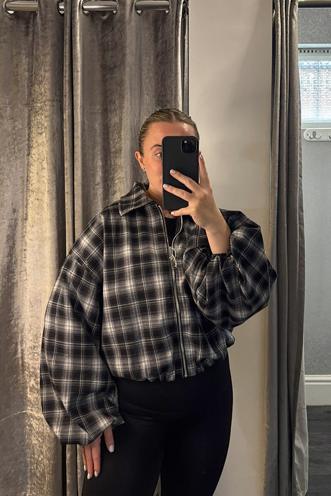 Black Checked Bubble Sleeve Bomber Jacket